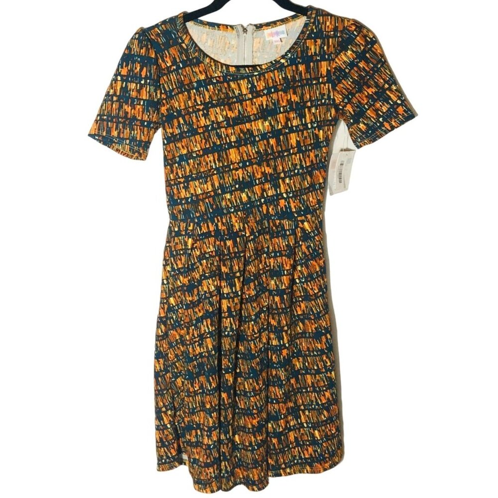 Lularoe Amelia short sleeve dress graphic orange blue zip pockets xxs READ NEW